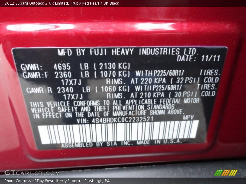 Ruby Red Pearl / Off Black 2012 Subaru Outback 3.6R Limited