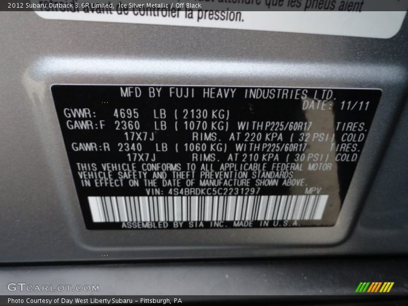 Ice Silver Metallic / Off Black 2012 Subaru Outback 3.6R Limited