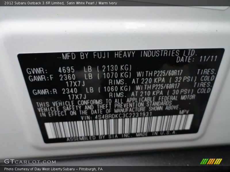 Satin White Pearl / Warm Ivory 2012 Subaru Outback 3.6R Limited