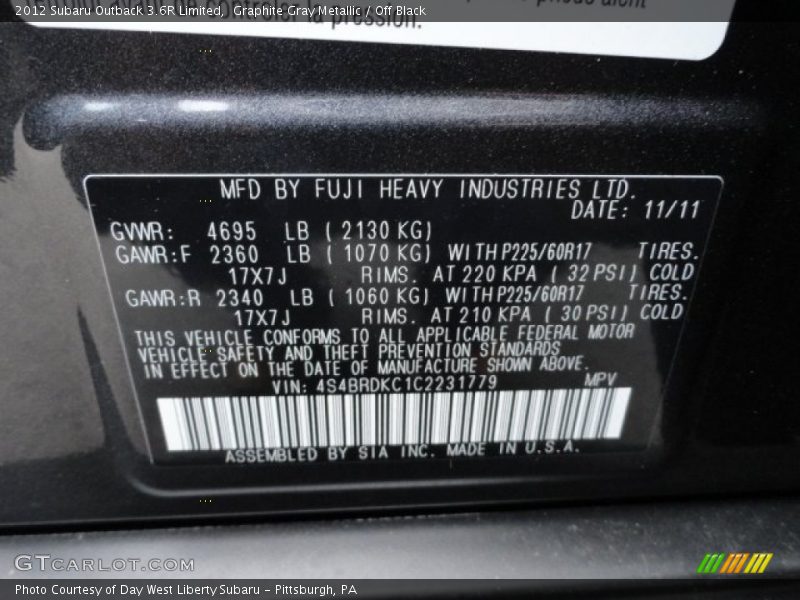 Graphite Gray Metallic / Off Black 2012 Subaru Outback 3.6R Limited