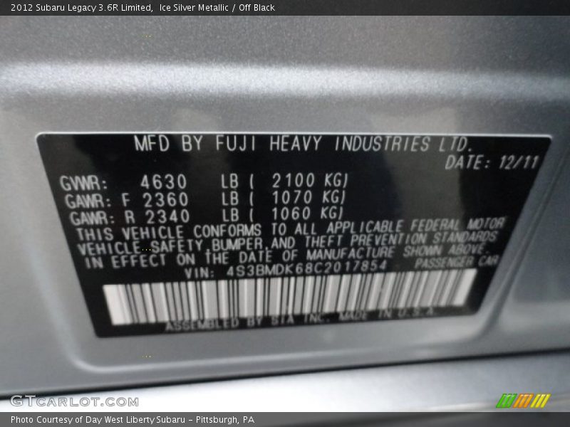 Ice Silver Metallic / Off Black 2012 Subaru Legacy 3.6R Limited