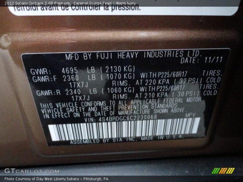 Caramel Bronze Pearl / Warm Ivory 2012 Subaru Outback 3.6R Premium
