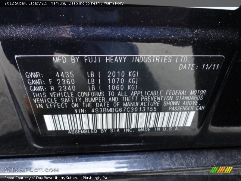 Deep Indigo Pearl / Warm Ivory 2012 Subaru Legacy 2.5i Premium