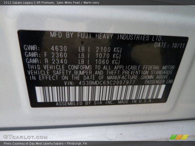 Satin White Pearl / Warm Ivory 2012 Subaru Legacy 3.6R Premium