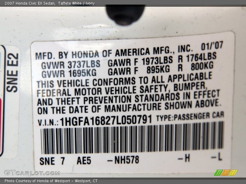 Taffeta White / Ivory 2007 Honda Civic EX Sedan