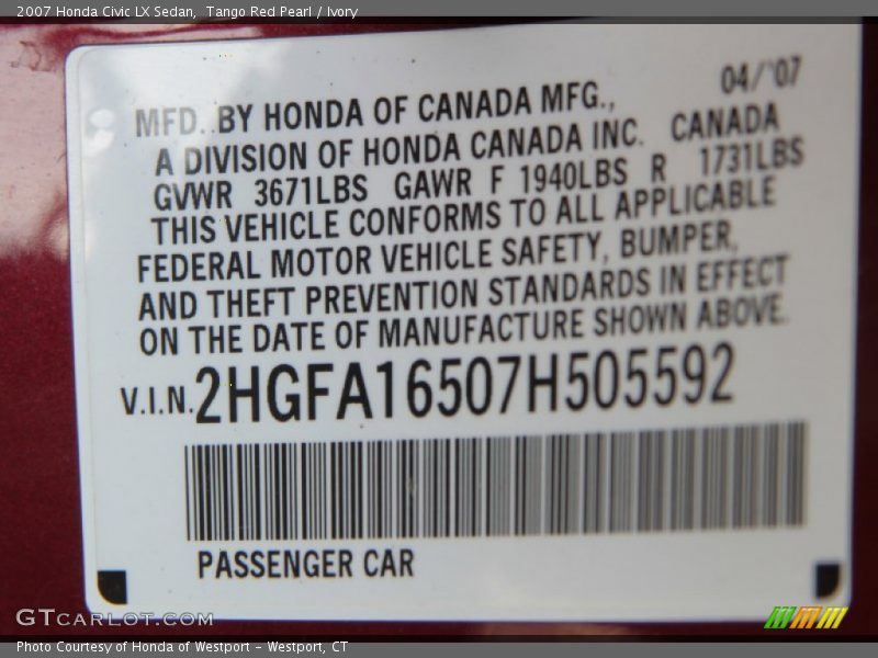 Tango Red Pearl / Ivory 2007 Honda Civic LX Sedan