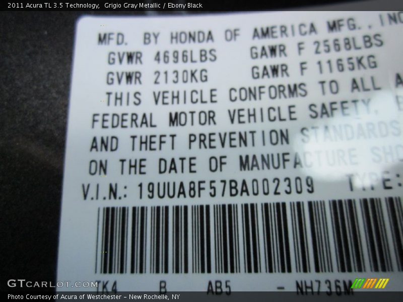 Grigio Gray Metallic / Ebony Black 2011 Acura TL 3.5 Technology