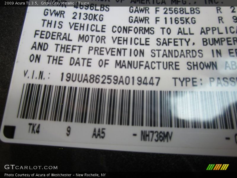 2009 TL 3.5 Grigio Gray Metallic Color Code NH736MV