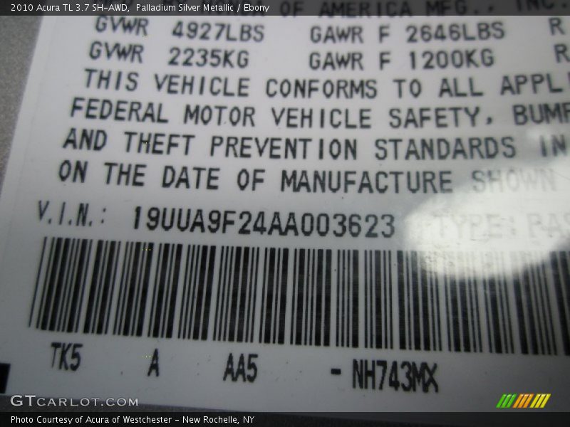 2010 TL 3.7 SH-AWD Palladium Silver Metallic Color Code NH743MX