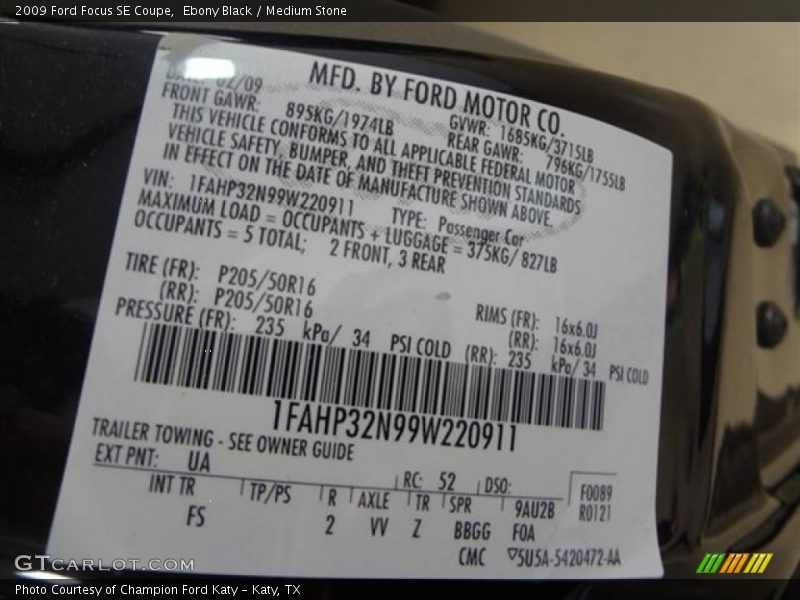 2009 Focus SE Coupe Ebony Black Color Code UA