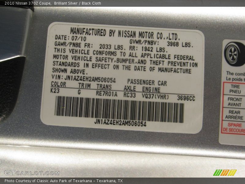Brilliant Silver / Black Cloth 2010 Nissan 370Z Coupe