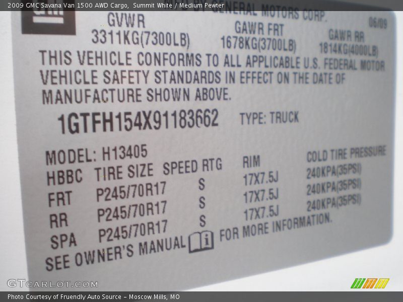 Summit White / Medium Pewter 2009 GMC Savana Van 1500 AWD Cargo