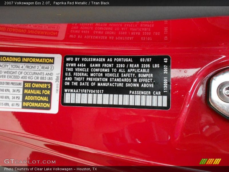 Paprika Red Metallic / Titan Black 2007 Volkswagen Eos 2.0T