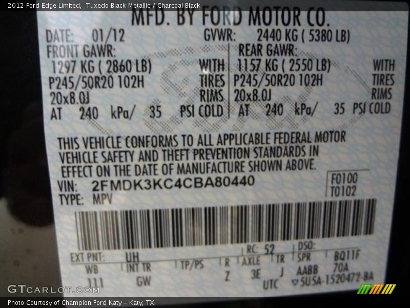 Tuxedo Black Metallic / Charcoal Black 2012 Ford Edge Limited