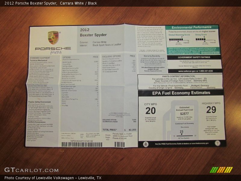  2012 Boxster Spyder Window Sticker