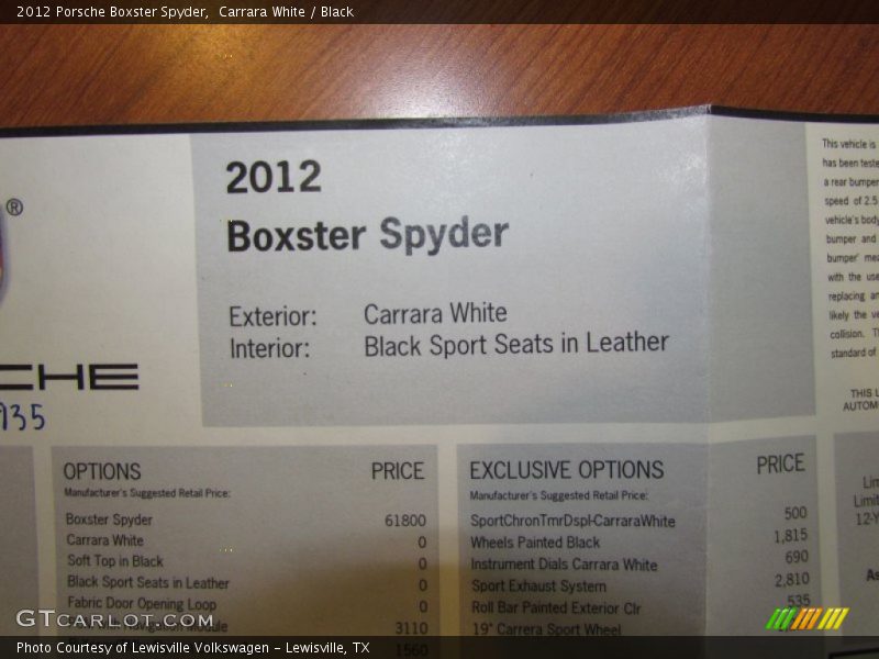  2012 Boxster Spyder Window Sticker