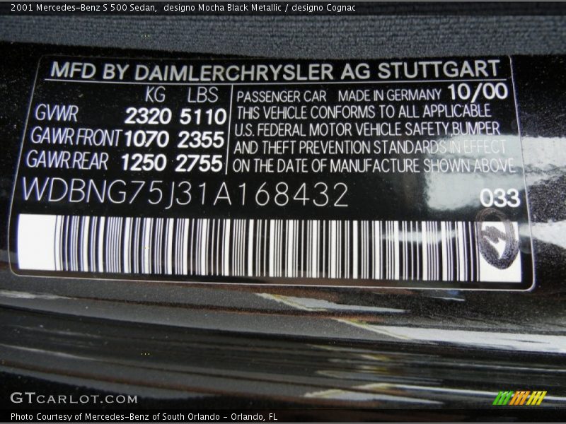 2001 S 500 Sedan designo Mocha Black Metallic Color Code 033