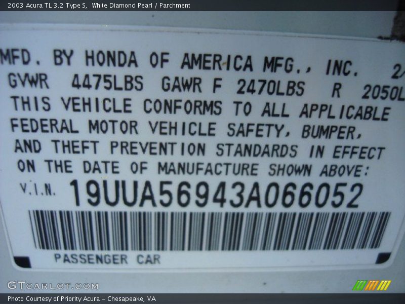 Info Tag of 2003 TL 3.2 Type S