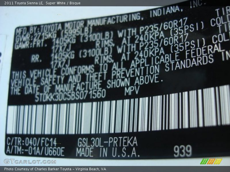 Super White / Bisque 2011 Toyota Sienna LE