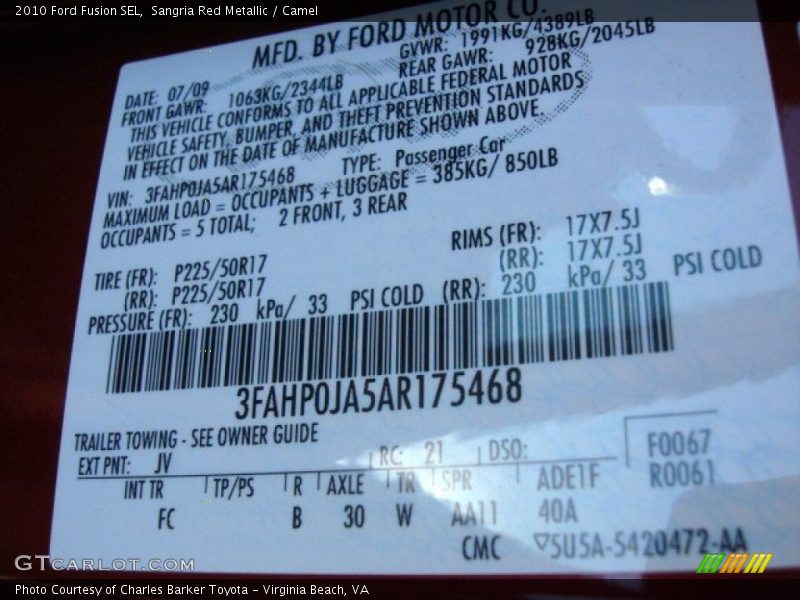 2010 Fusion SEL Sangria Red Metallic Color Code JV