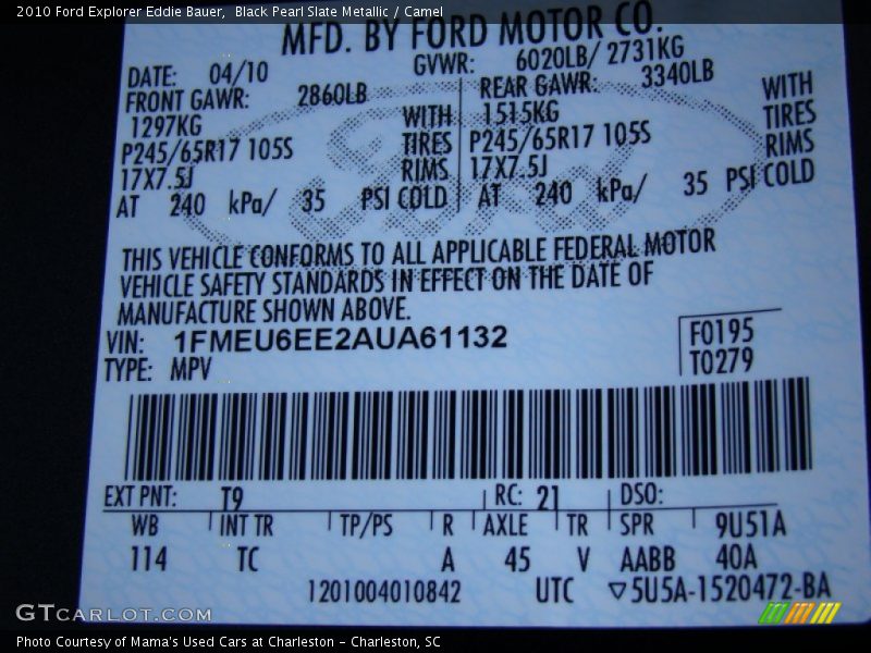 2010 Explorer Eddie Bauer Black Pearl Slate Metallic Color Code T9