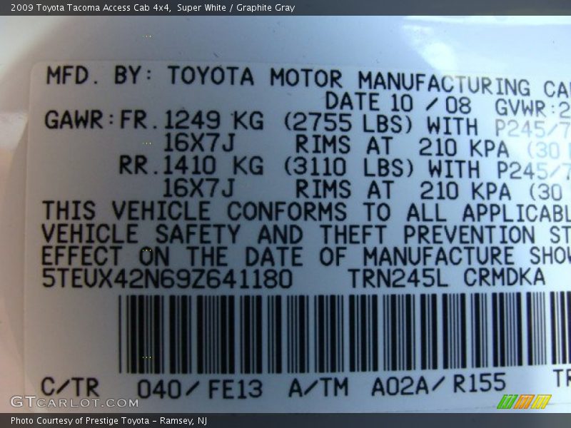 Super White / Graphite Gray 2009 Toyota Tacoma Access Cab 4x4