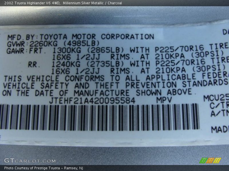 Millennium Silver Metallic / Charcoal 2002 Toyota Highlander V6 4WD