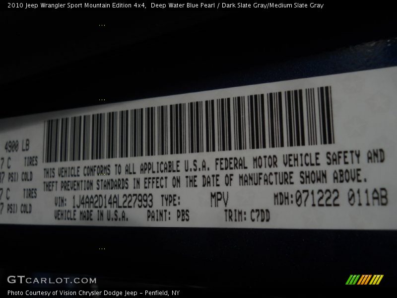 Deep Water Blue Pearl / Dark Slate Gray/Medium Slate Gray 2010 Jeep Wrangler Sport Mountain Edition 4x4