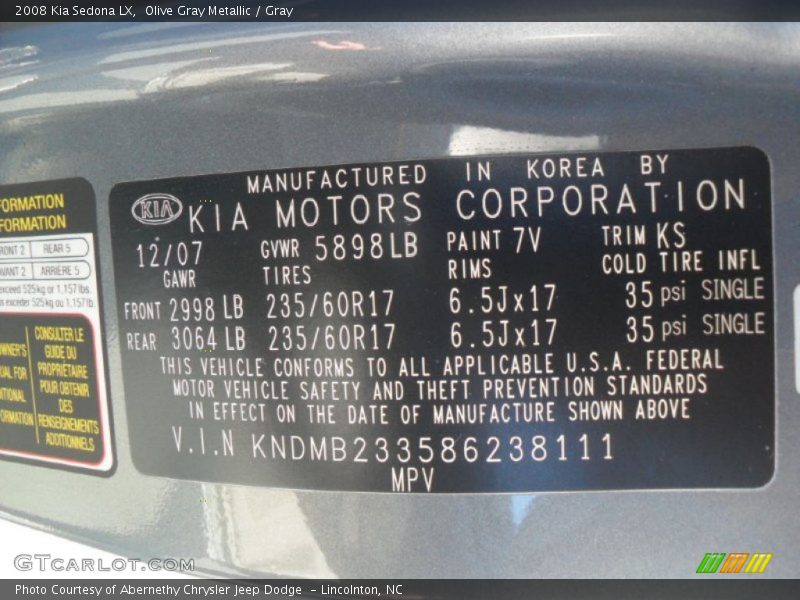 2008 Sedona LX Olive Gray Metallic Color Code 7V
