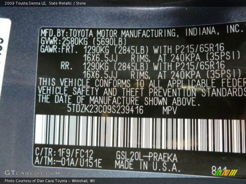 2009 Sienna LE Slate Metallic Color Code 1F9