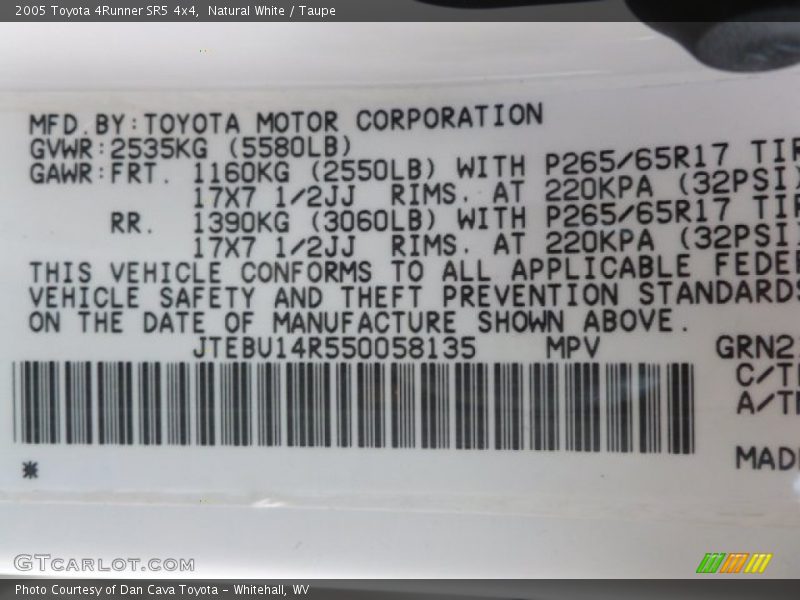 Natural White / Taupe 2005 Toyota 4Runner SR5 4x4