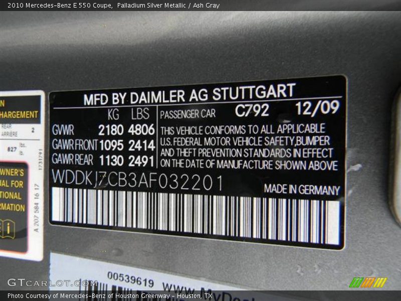 Palladium Silver Metallic / Ash Gray 2010 Mercedes-Benz E 550 Coupe