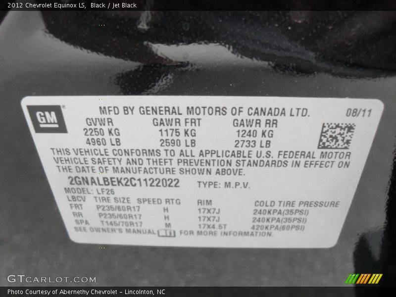Black / Jet Black 2012 Chevrolet Equinox LS