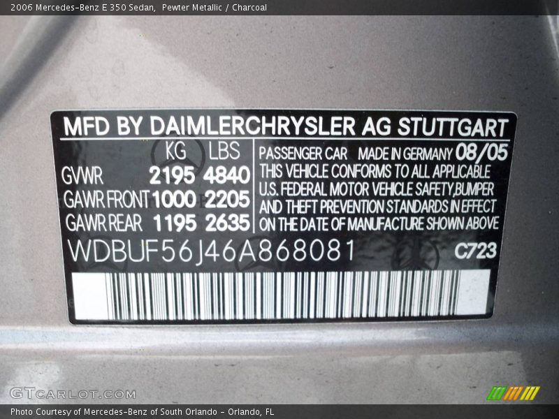 Pewter Metallic / Charcoal 2006 Mercedes-Benz E 350 Sedan