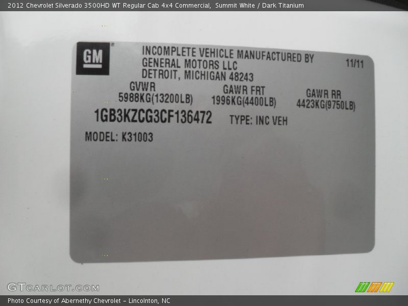 Summit White / Dark Titanium 2012 Chevrolet Silverado 3500HD WT Regular Cab 4x4 Commercial