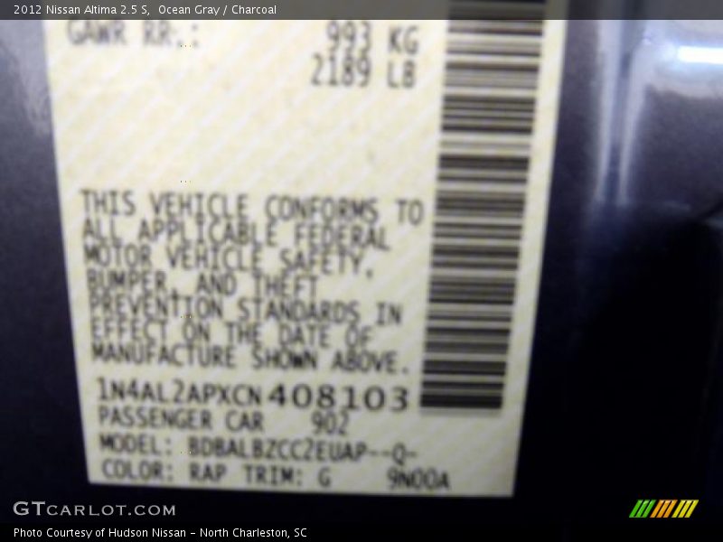 Ocean Gray / Charcoal 2012 Nissan Altima 2.5 S