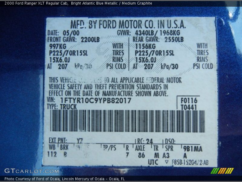 Bright Atlantic Blue Metallic / Medium Graphite 2000 Ford Ranger XLT Regular Cab