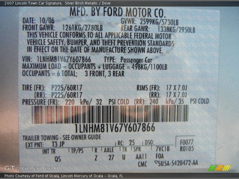 2007 Town Car Signature Silver Birch Metallic Color Code JP