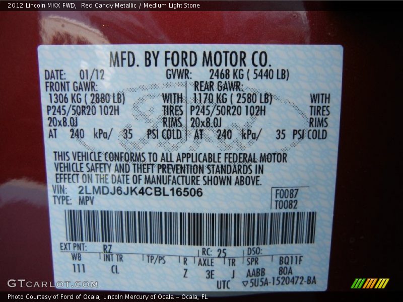 2012 MKX FWD Red Candy Metallic Color Code RZ