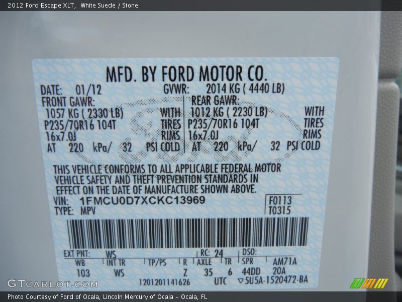 White Suede / Stone 2012 Ford Escape XLT
