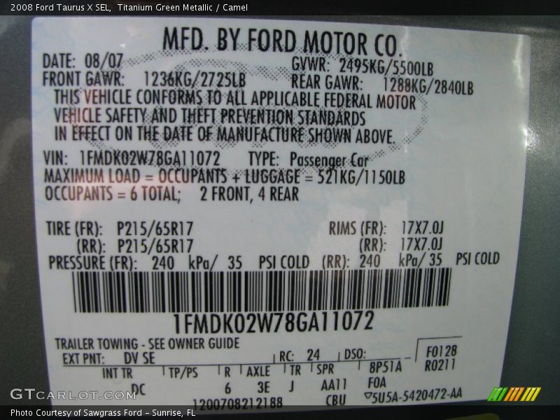 2008 Taurus X SEL Titanium Green Metallic Color Code DV