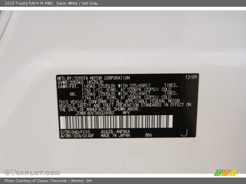 Super White / Ash Gray 2010 Toyota RAV4 I4 4WD