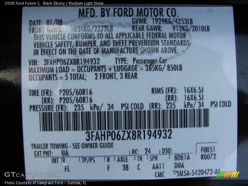 2008 Fusion S Black Ebony Color Code UA