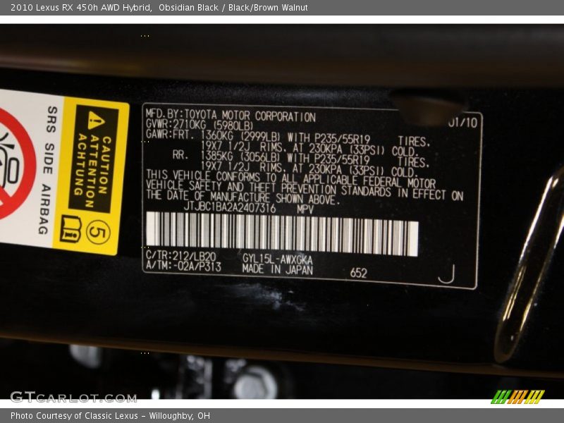 Obsidian Black / Black/Brown Walnut 2010 Lexus RX 450h AWD Hybrid