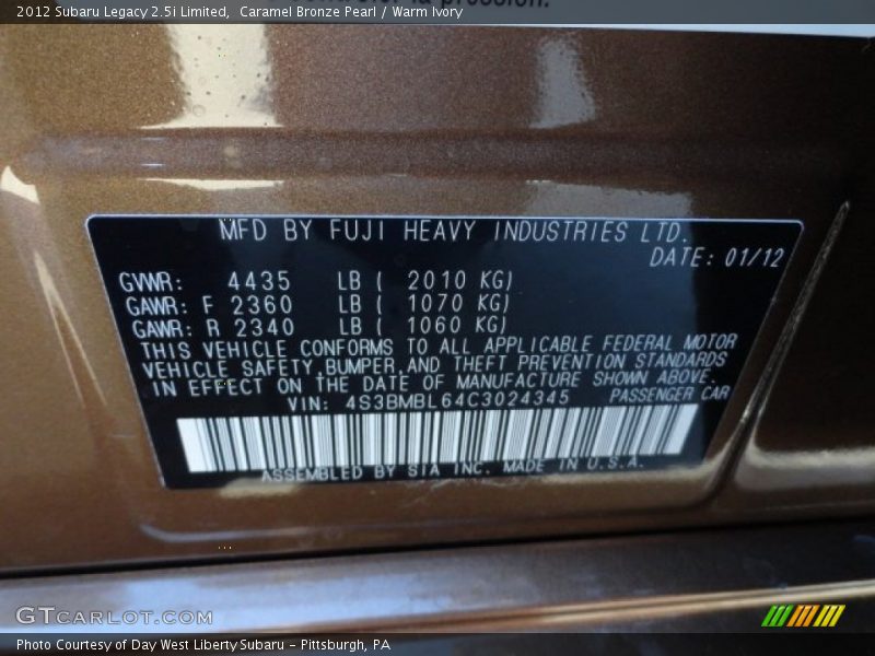 Caramel Bronze Pearl / Warm Ivory 2012 Subaru Legacy 2.5i Limited