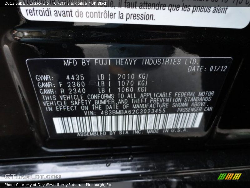 Crystal Black Silica / Off Black 2012 Subaru Legacy 2.5i