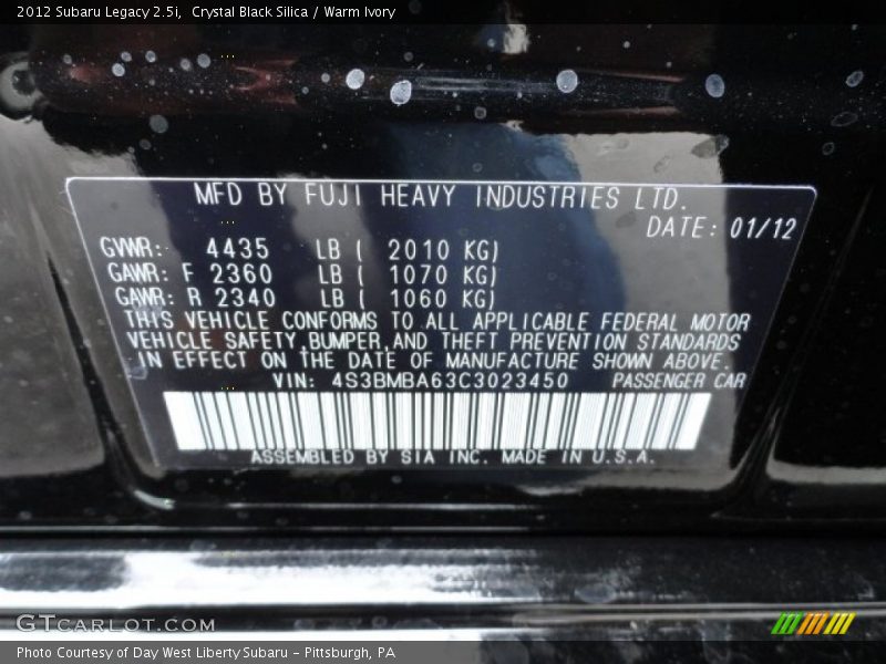 Crystal Black Silica / Warm Ivory 2012 Subaru Legacy 2.5i