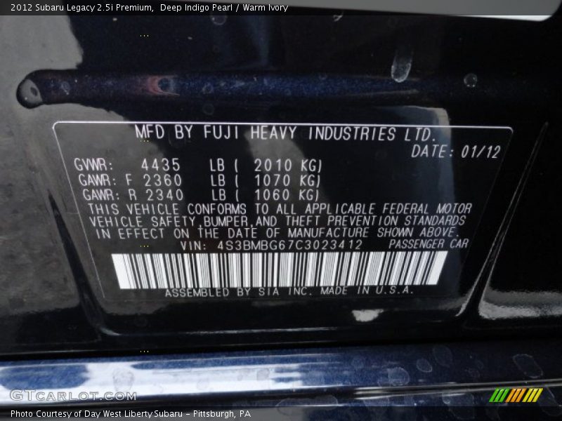 Deep Indigo Pearl / Warm Ivory 2012 Subaru Legacy 2.5i Premium