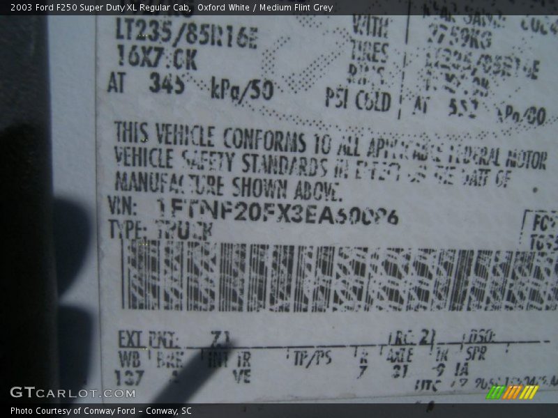 2003 F250 Super Duty XL Regular Cab Oxford White Color Code Z1