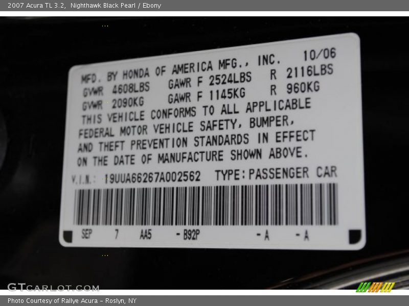2007 TL 3.2 Nighthawk Black Pearl Color Code B92P